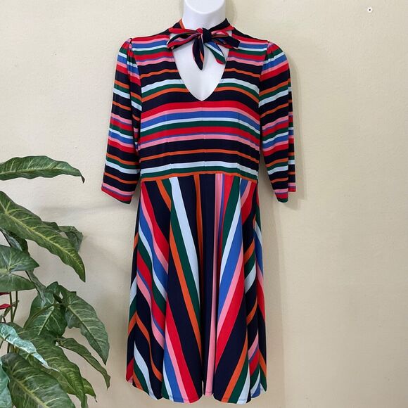 Eloquii Womans plus size 16 Striped Dress  Neck Tie Stretch Short Sleeve - Picture 3 of 7